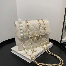 Offwhite Premium Quality Diamond Lattice Chain Pearl Womens Shoulder Bag Offwhite