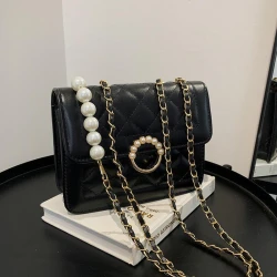 Black Premium Quality Diamond Lattice Chain Pearl Womens Shoulder Bag Black