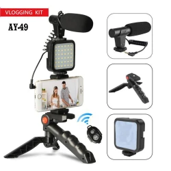 AY-49 Remote Control Vlogging Video Making Kits Microphone LED Fill Light Mini Tripod