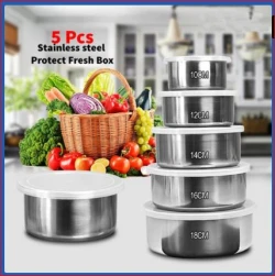 ৫ পিস স্টিল বক্স Stainless Steel Food Box with Plastic Lid
