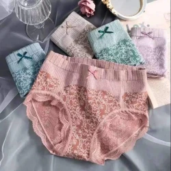 High-waisted pure cotton crotchless underwear for women, lace seamless underwear