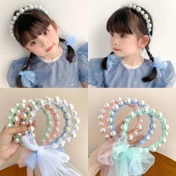 Sweet Princess Girls Hairband Pearl Headband With Lace Ties Children Headwrap Hair Hoop Band Kids Hair Accessories