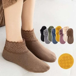 1 Pairs Velvet Warm Thick Casual Socks Low Tube Lace Hollow Anti-slip Sock Floor Socks Autumn Winter For Women Gifts