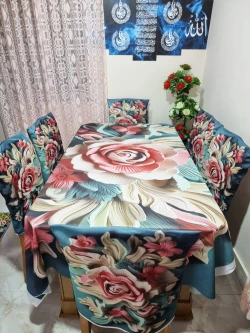 Digital 3D Flower Print Dining Table Cloth Runner and 06 Chair Cover Full Set