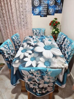 Digital 3D Flower Print Dining table Cloth runner and 6 chair cover Full Set