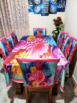 Digital 3D Flower Print Dining table Cloth runner and 6 chair cover Full Set