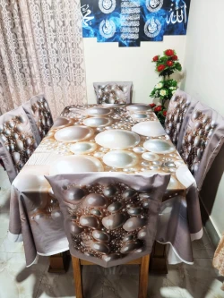 Digital 3D Print Dining table Cloth runner and 6 chair cover Full Set