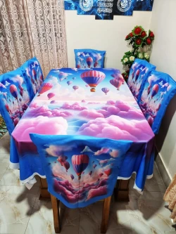 Digital 3D Print Dining table Cloth runner and 6 chair cover Full Set