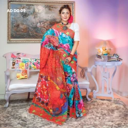 Shop the Finest Cotton Saree Online - Red Digital Printed Saree for Women | লাল ডিজিটাল প্রিন্টেড কটন শাড়ি