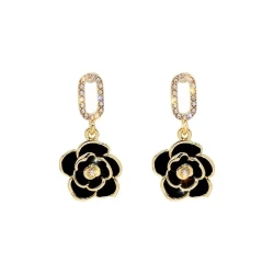 Romantic French Camellia Flower Rhinestone Earrings (GOLDEN and BLACK or WHITE)