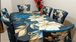 Digital 3D Print Dining Table Cloth Runner and 6 Chair Cover Full Set