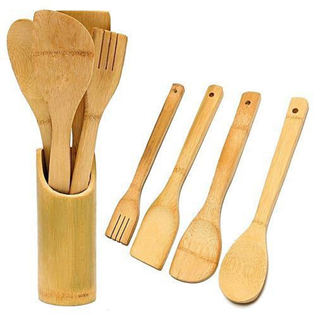 Bamboo Cooking Spoon 4 Pieces Set With Stand