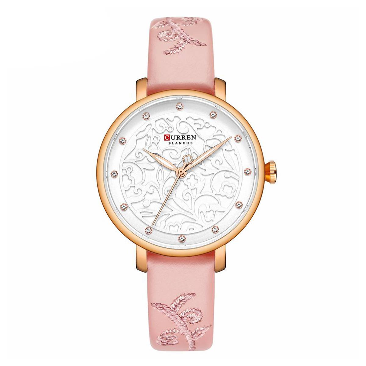 CURREN 9046 Pink PU Leather Analog Watch For Women - RoseGold & Pink