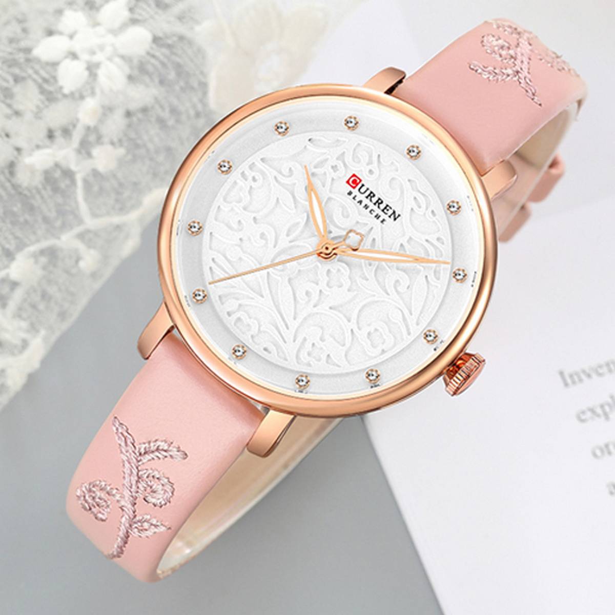 CURREN 9046 Pink PU Leather Analog Watch For Women - RoseGold & Pink