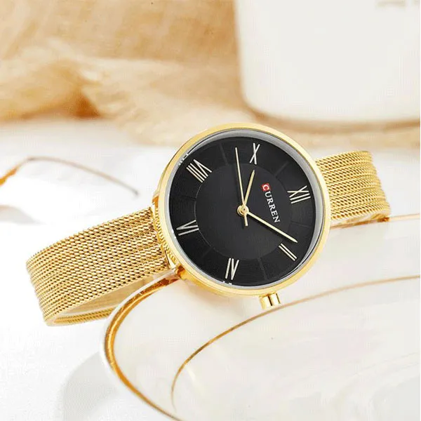 CURREN 9020 Silver And Golden Two-Tone Mesh Stainless Steel Analog Watch For Women